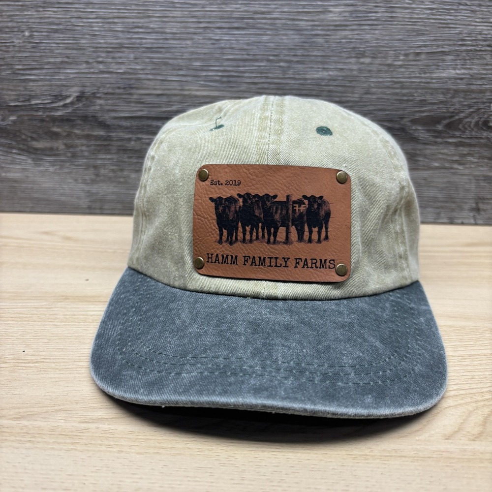 Hamm Family Farms Hat Cap Strap Back Mens Green Gray Cows Leather Patch